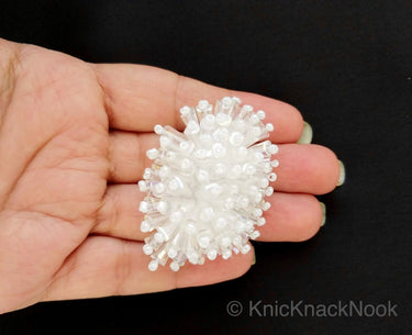 Handmade White Beaded Oblong Applique, Sequinned Beads Applique Motif